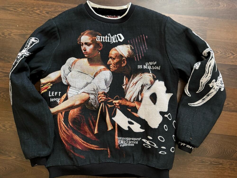 VERYRARE Raf Reyes Men's Tapestry Sweatshirt Sz M Religious Graphic Cross Back